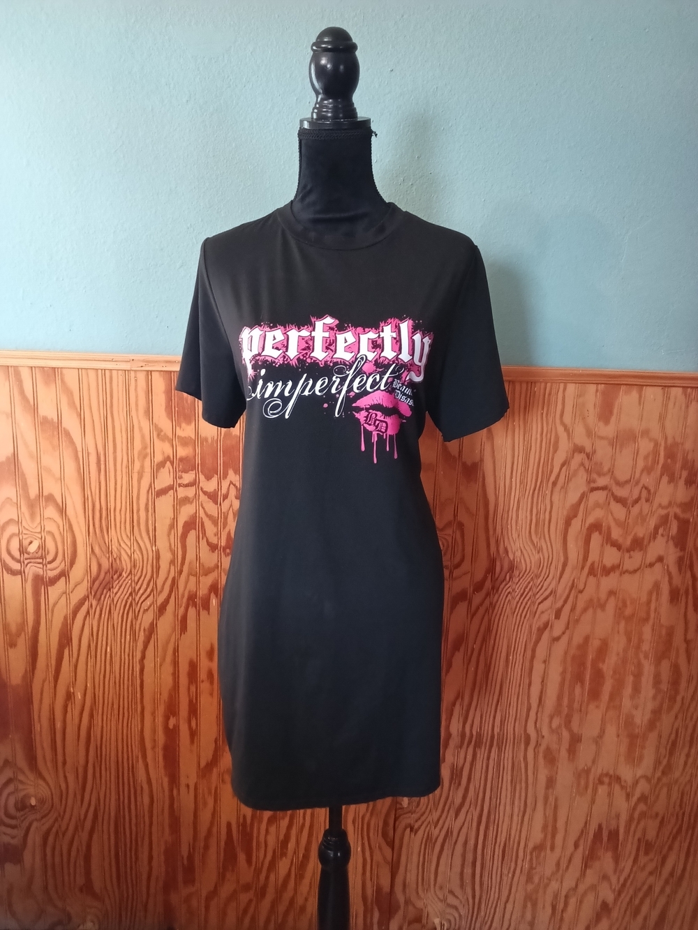 Perfectly Imperfect Black Graphic Tee Dress with Pink & White Print